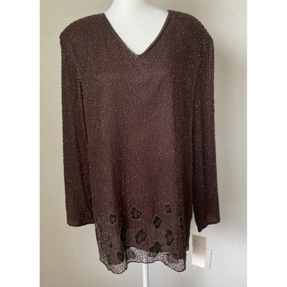 Felicity Brown 100% Silk & Sequins Blouse X-Large Long Sleeves NWT